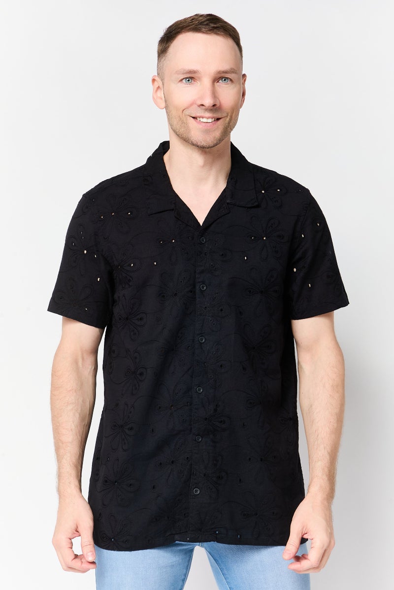 Threadbare Men Regular Fit Embroidered Short Sleeve Casual Shirt, Black - Image 1